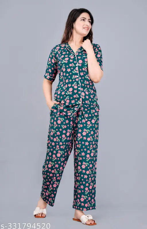 Teal blue printed rayon night suit set for women, Rayon fabric pyjamas with short sleeves and matching design