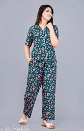 Teal blue printed rayon night suit set for women, Rayon fabric pyjamas with short sleeves and matching design