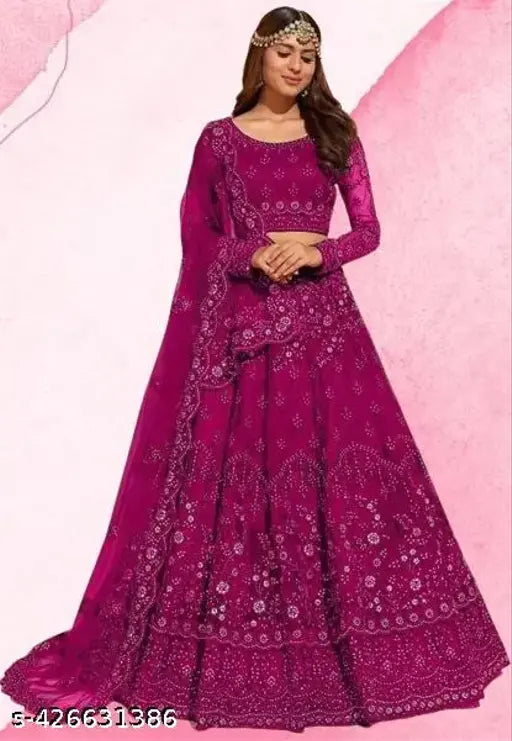 Embroidered lehenga choli set in net fabric, intricately embellished Indian semi-stitched outfit with 42 inch waist and 70 inch dupatta