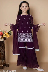 Purple embroidered sharara set with dupatta (Georgette fabric, A-line top, knee-length, long sleeves), for kids aged 3-12 years. Indian handcrafted sequin outfit on display