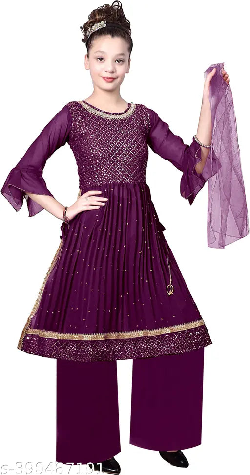 Purple Georgette Nayra Cut Sharara Style Palazzo Kurti with Dupatta for Girls, embellished A-line design