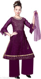 Purple Georgette Nayra Cut Sharara Style Palazzo Kurti with Dupatta for Girls, embellished A-line design