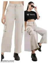 Solid Denim/Cotton blend high waist cargo jeans, sturdy and trendy women's wear in multiple sizes