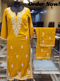 Rayon Chikankari Work Women's Kurti and Plazzo Set, embroidered net fabric, three-quarter sleeves, Indian craftsmanship