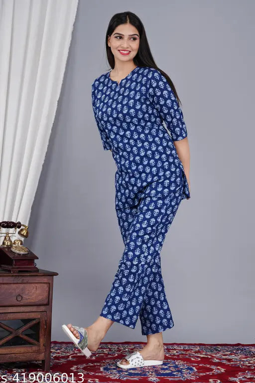 Stylish and elegant cotton nightsuit set, printed top & pyjamas, ultimate lounging bliss, India