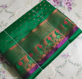 Parrot green Banarsi silk saree with copper zari benteax border and all-over kalanjali, elegant bridal color for women. Soft, smooth chiffon fabric. Contrast color anchal, blouse, and pallu. Original, hand-woven in India