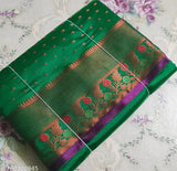 Parrot green Banarsi silk saree with copper zari benteax border and all-over kalanjali, elegant bridal color for women. Soft, smooth chiffon fabric. Contrast color anchal, blouse, and pallu. Original, hand-woven in India