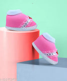 Cotton unisex flower booties/socks for 0 to 12 months, pink and R3 colorway - soft, comfortable, breathable footwear for baby boys and girls