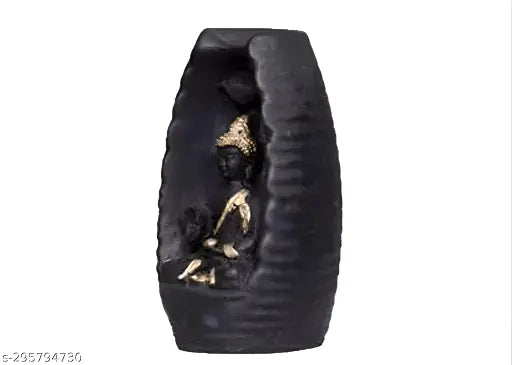 Smoke Backflow Polyresin Tower Sitting Buddha Statue with 51 Cones - Decorative art piece for home living room or bedroom, featuring a back-flow incense burner that creates a smokey waterfall effect. Made from poly resin. Dimensions: 7cm x 6cm x 13cm. Origin: India