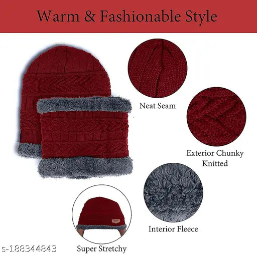 Woolen winter cap set for men & women with gloves and neck muffler, knit beanie hat and scarf. Arcylic balaclava pattern, hand wash only. Snow-ready accessory set (3 pc.)