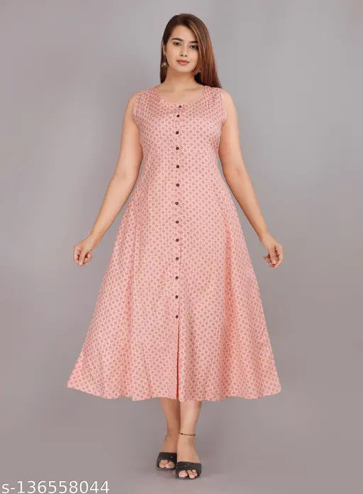 Rayon printed sleeveless anarkali dress by Sumit Enterprises, featuring vibrant Indian motifs and suitable for sizes S to XXXL