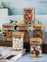 Clear borosilicate glass spice containers (6 pcs), bamboo airtight lids, for storing coffee beans, tea, sugar, herbs & masala