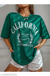 California printed cotton blend oversized longline drop shoulder boho style t-shirt for women & girl