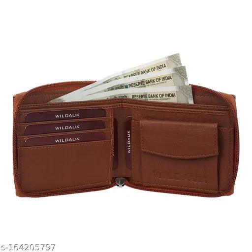 Tan artificial leather travel wallet, 3 card slots, textured pattern, compact size, round zip closure - WILDAUK Men & Women