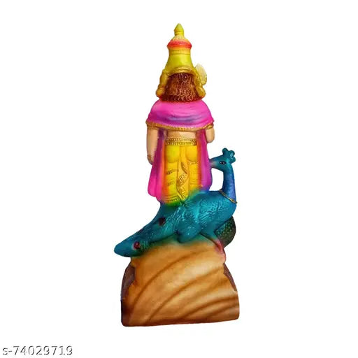 Multicolor poly marble Murugan figurine, intricately handcrafted, 26x11x7cm for home or temple decor