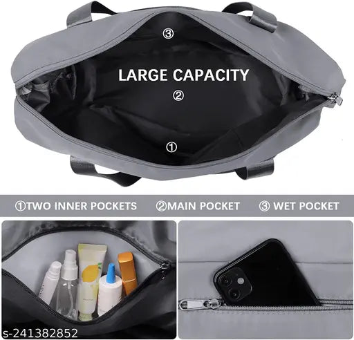 Grey foldable travel duffel bag, lightweight waterproof polyester for yoga, women, girls - large capacity, durable material, easy to carry with bottom extension and one compartment