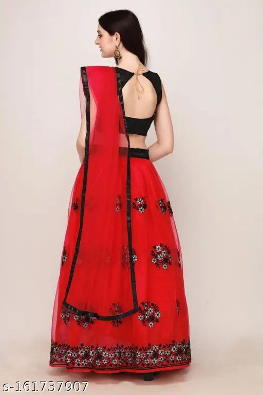 Red Art Silk embroidered semi-stitched Lehenga Choli with net dupatta, traditional Indian bridal wear