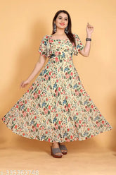 Flower printed chiku-colored Georgette anarkali kurti for women, digital rose print, exclusive plus size design, India origin