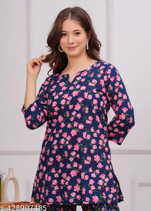 Dark blue pure cotton women's night suit with pink flower hand print, Jaipuri craftsmanship, comfortable & stylish sleepwear
