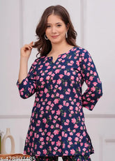 Dark blue pure cotton women's night suit with pink flower hand print, Jaipuri craftsmanship, comfortable & stylish sleepwear
