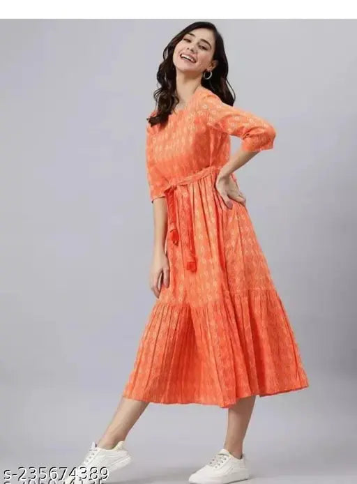 Orange Anarkali Dress, cotton blend fabric, fit and flare silhouette, embroidered details, calf length, vibrant color