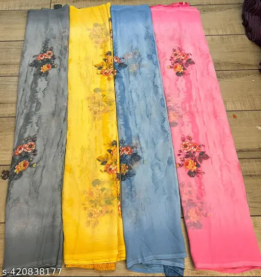 Weightless printed cotton blend saree with matching georgette running blouse, vibrant Indian print on display