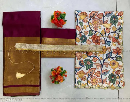 Trendy South Indian Art Silk half-saree set, unstitched with Lichi Silk lehenga and Dola Silk dupatta, embellished with lace details, ready to ship, India origin