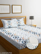 Cotton diwan cover set with 1 single bedsheet, 2 bolster covers, & 5 cushion covers by M.R Enterprises. Geometric-patterned superfine cotton elastic fitted sheets for summer use, ideal for adults. Made in India