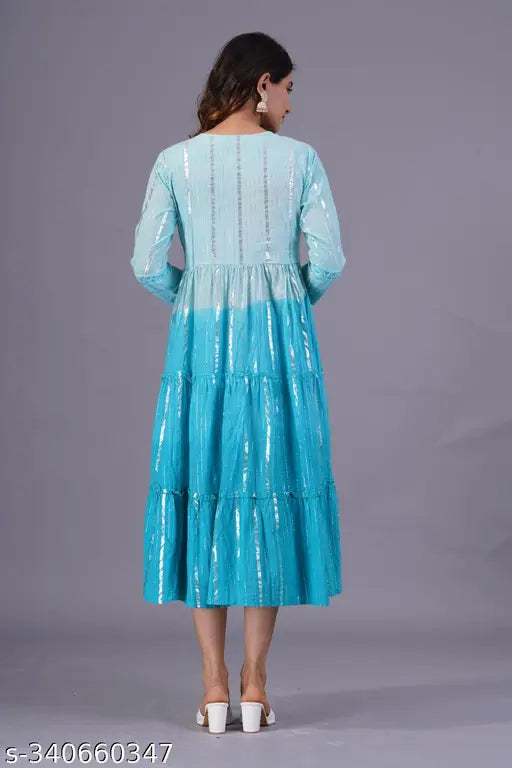 Striped cotton lurex anarkali gown, three-quarter sleeves, India-made