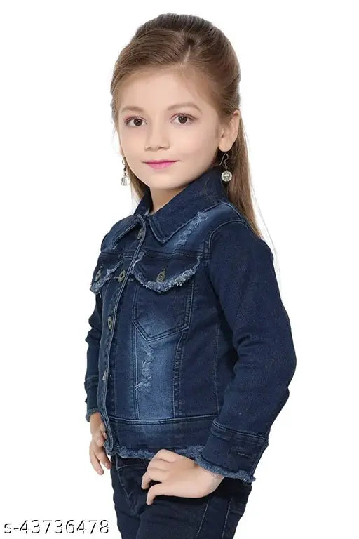 Blue denim jacket & coat for girls - solid pattern, long sleeves, 12-13 years size, India origin