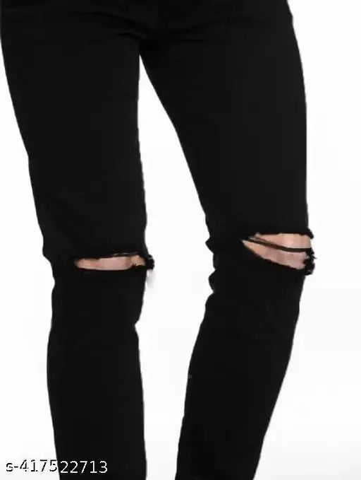 Mens black stretchable slim fit knee-cut jeans, denim for men's fashion, solid black style on display stand