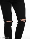 Mens black stretchable slim fit knee-cut jeans, denim for men's fashion, solid black style on display stand