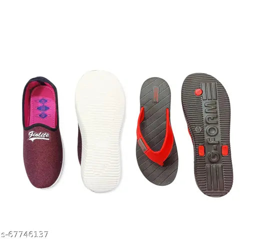Maroon mesh casual shoes and black slipper combo (India-made, lightweight, women's foot-friendly)