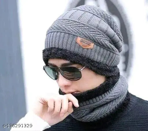 Woolen textured beanie cap with neck warmer, snow-proof, unisex - winter essential for men and women