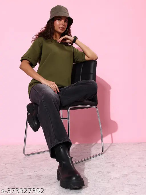 Olive cotton oversized sweatshirt for women, solid pattern with short sleeves, perfect for casual wear, India origin