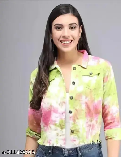 Long-sleeved denim jacket for women, washed/dyed fabric, premium quality, XS (34in bust, 19in length), made in India