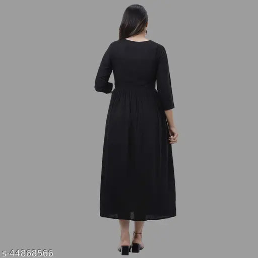 Embroidered rayon black kurta with three-quarter sleeves, popular Indian traditional clothing for women