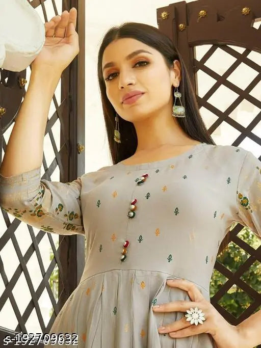 Grey rayon HF gown with three-quarter sleeves, printed combo, M-6XL sizes. Ankle length Indian kurta for comfortable wear in various seasons