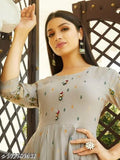Grey rayon HF gown with three-quarter sleeves, printed combo, M-6XL sizes. Ankle length Indian kurta for comfortable wear in various seasons