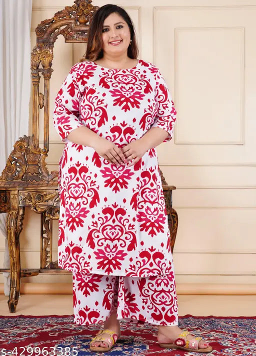 Plus size floral print rayon kurta and palazzo set for women, three-quarter sleeves, printed, India origin