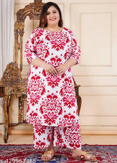 Plus size floral print rayon kurta and palazzo set for women, three-quarter sleeves, printed, India origin