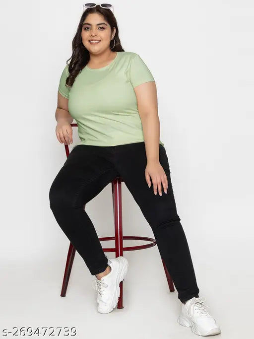 XXL Plus Size Women's Cotton Round Neck T-Shirt, solid pattern, India origin