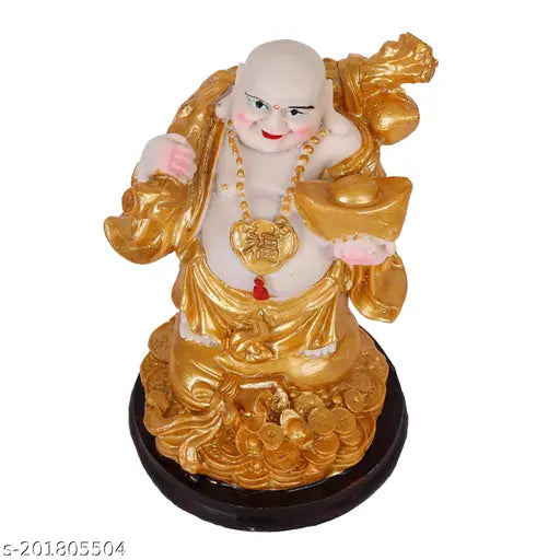 Polyresin Laughing Buddha figurine, seated on gold coins with golden ingot. Perfect for gifting or home decoration. Made in India