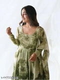 Green floral design georgette kurta with three-quarter sleeves, printed combo, available in multiple sizes from S to 7XL
