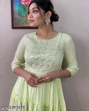 Green Lurex Rayon Anarkali Kurti with Mirror Work Aari Sequence, traditional Indian party wear gown