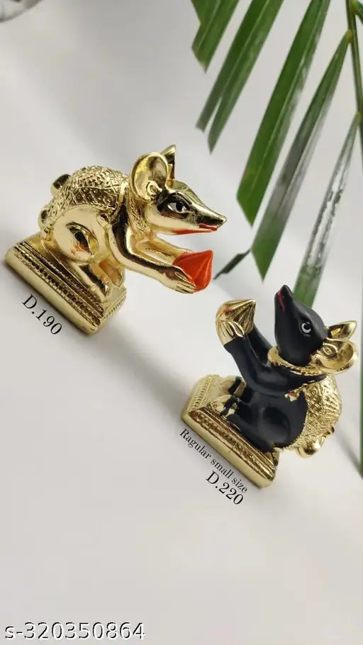 Ceramic Ganesh idols: GanpatiBappa Mushak & mouse combo set (India-made, 2 black and golden 2-inch statues)