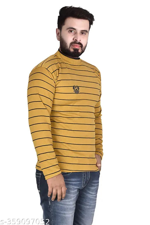 Striped wool long sleeve men's t-shirt, comfortable for travel, winter-friendly, Indian origin