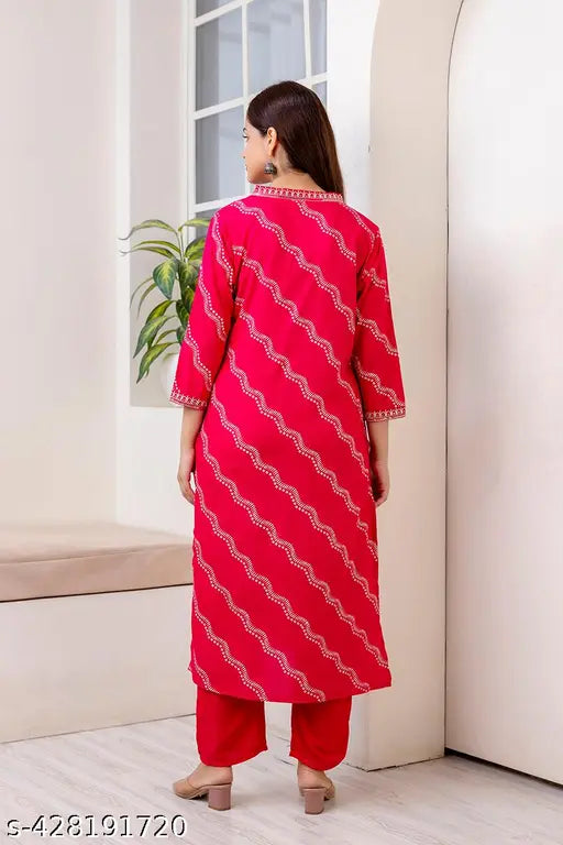Rayon pink embroidered Leheriya print kurta set with palazzos, party wear for women