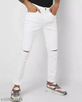 Cotton blend, knee-slit white jeans with net pattern detail - MOD MEN DL43O