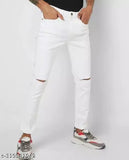 Cotton blend, knee-slit white jeans with net pattern detail - MOD MEN DL43O